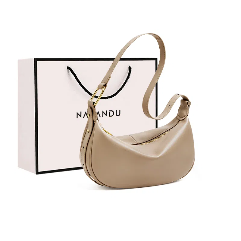 纳兰杜 时尚法式流行休闲百搭小众通勤 牛皮拼合成革 饺子包腋下斜挎包 中号 女款 多色