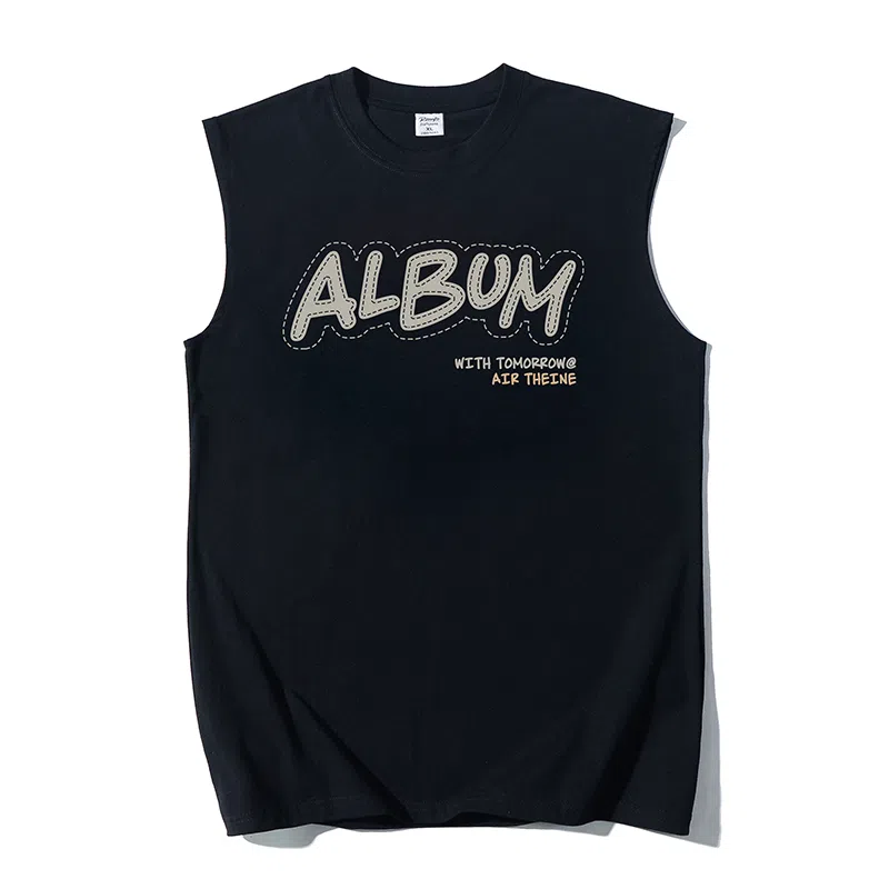 乱步 夏日美式虚线字母凉感无袖背心创意个性宽松慵懒设计纯棉青少年学生上衣 男女同款