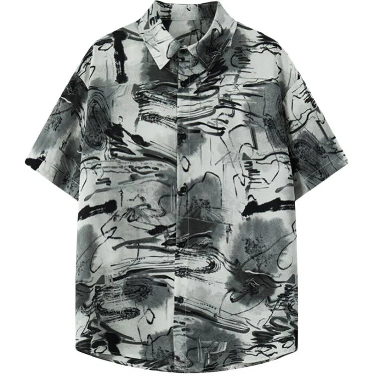 零氏 美式基础简约高街潮牌时尚个性扎染学院风翻领冰丝凉感日常运动百搭青春流行痞帅少年感舒适百搭柔软亲肤休闲短袖衬衫 男女同款