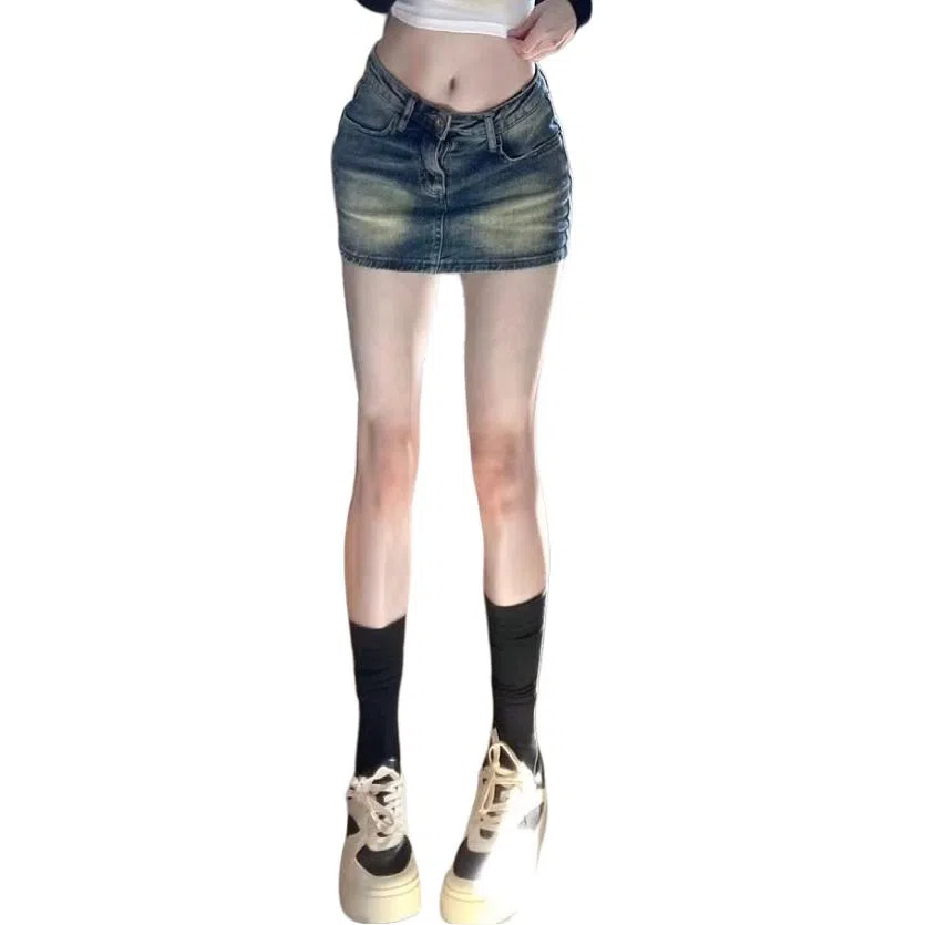 轻迎 水洗做旧斜腰辣妹牛仔女小众欧美包臀防走光半身裙夏季休闲短裙 女款