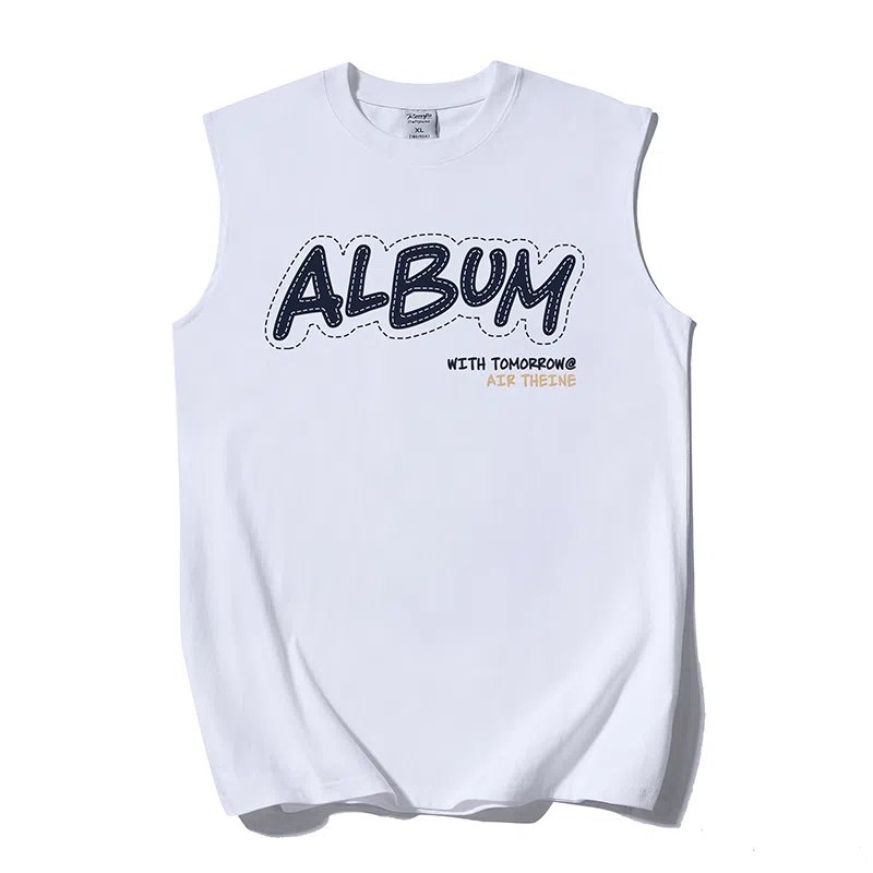 乱步 夏日美式虚线字母凉感无袖背心创意个性宽松慵懒设计纯棉青少年学生上衣 男女同款