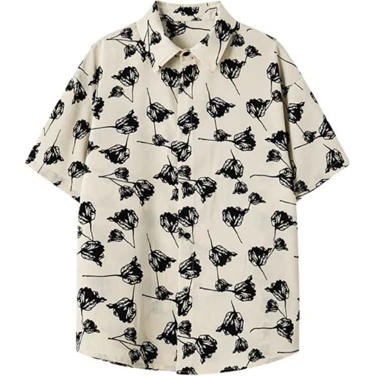 零氏 美式复古玫瑰满印宽松翻领冰感顺滑简约冰丝凉感垂感宽松高街简约衫衬衫 男女同款