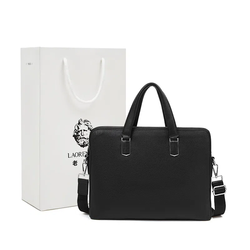 老人头 商务通勤时尚高级质感 牛皮 公文包 男款 黑色