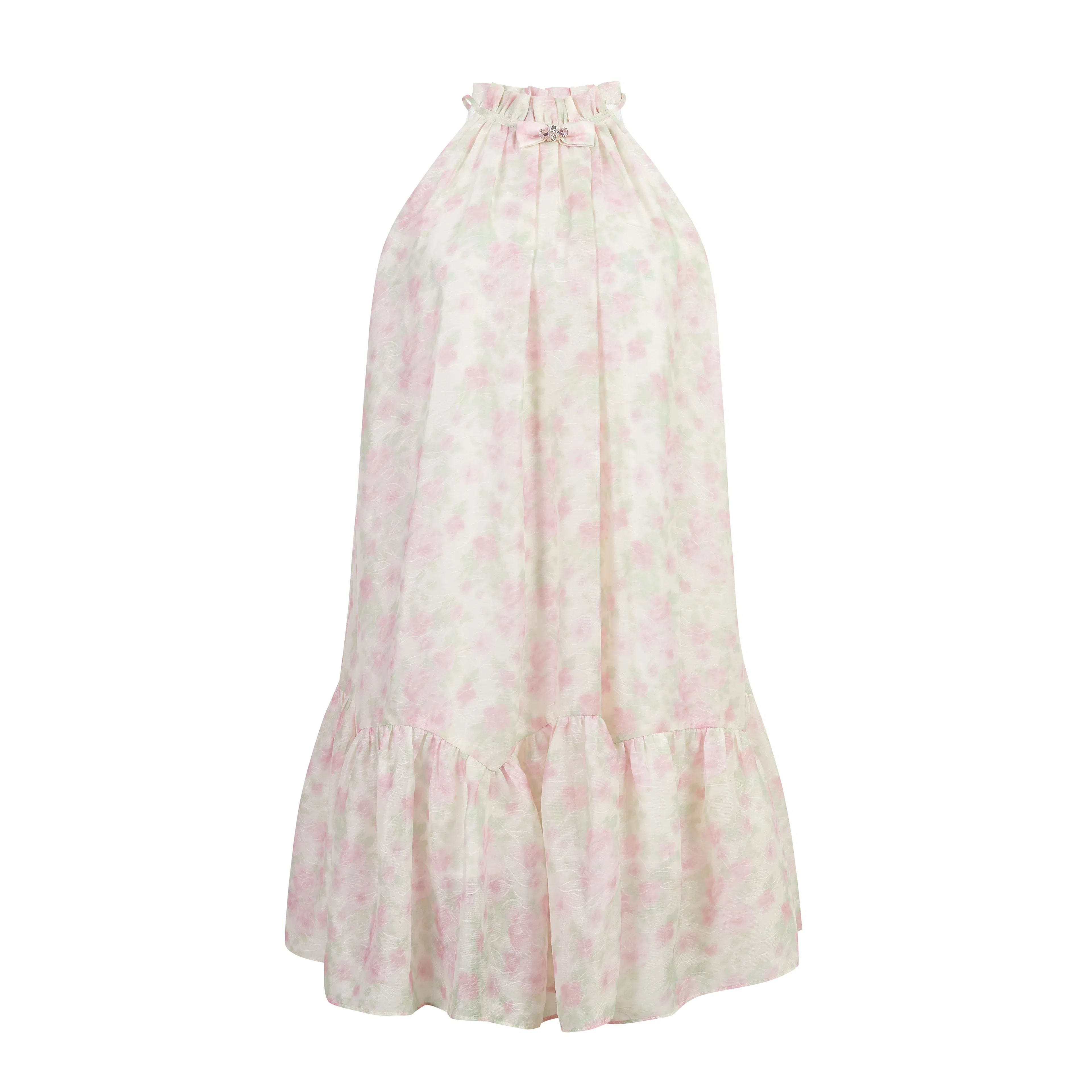 Three Quarters Floral Halter A-Line Dress Pink
