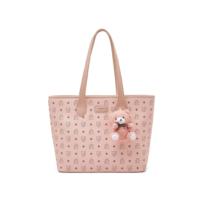 老人头 复古高级感猫咪印花通勤百搭 合成革 托特包单肩包 女款 棕色/粉色