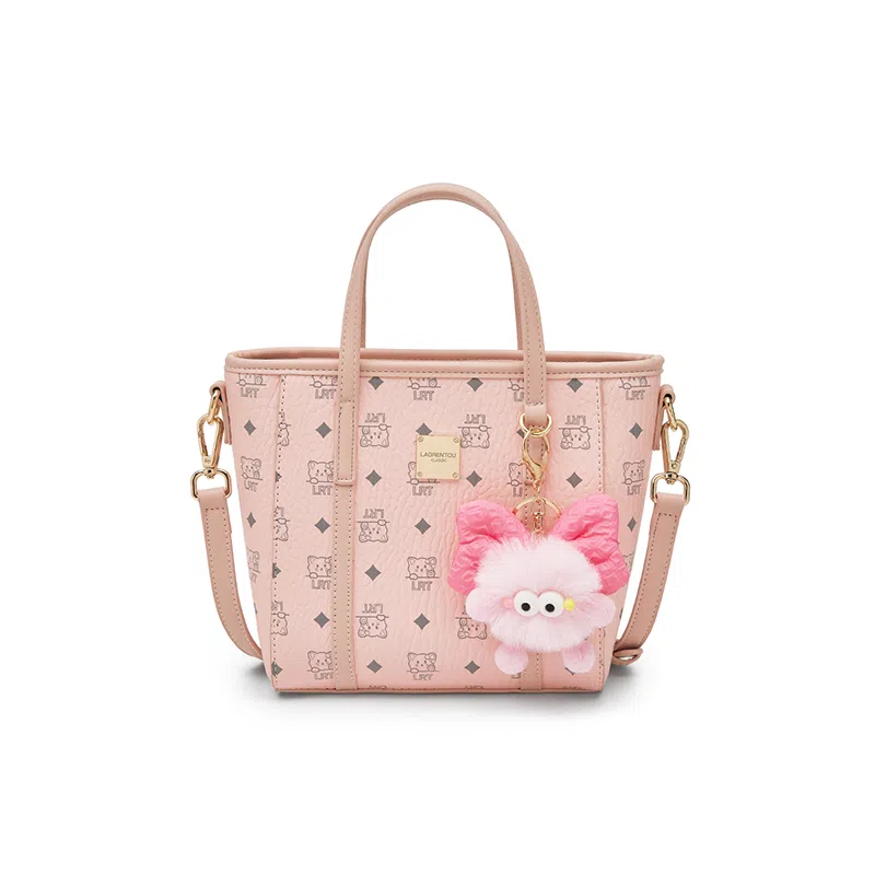 老人头 复古通勤休闲百搭时尚猫咪印花菜篮子 合成革 单肩斜挎手提包 常规 女款 棕色/粉色