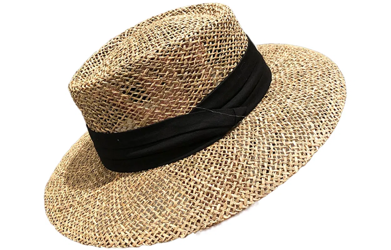 优幽兰 韩版百搭草帽平顶礼帽女时尚出游防紫外线度假镂空透气遮阳帽优雅气质大帽檐显脸小太阳帽子 植物材料 防晒帽 女款