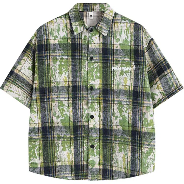 零氏 美式复古扎染刺绣格子薄款宽松休闲高级感痞帅短袖衬衫 男女同款