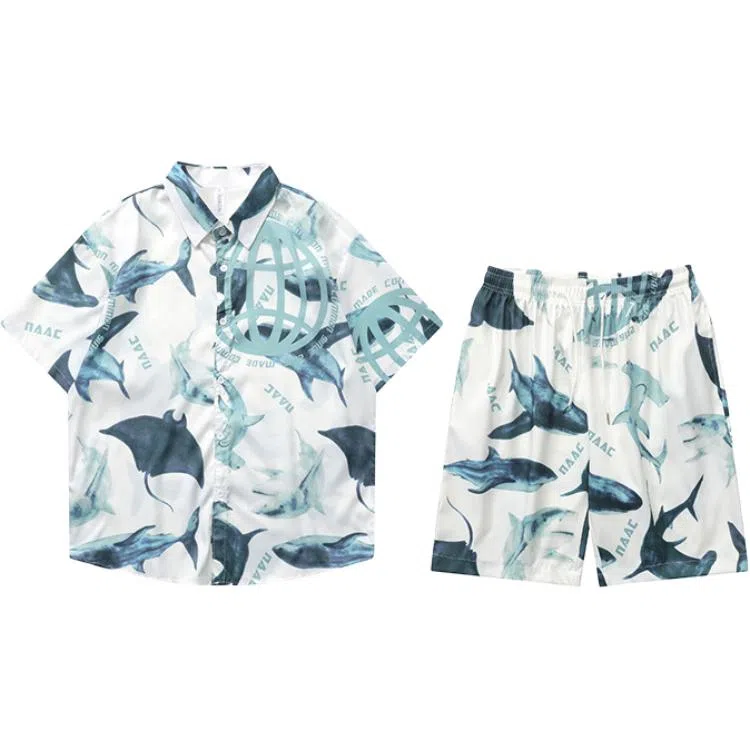 零氏 夏季宽松潮牌流行短袖两件套印花休闲翻领衬衣沙滩裤衬衫套装 男女同款