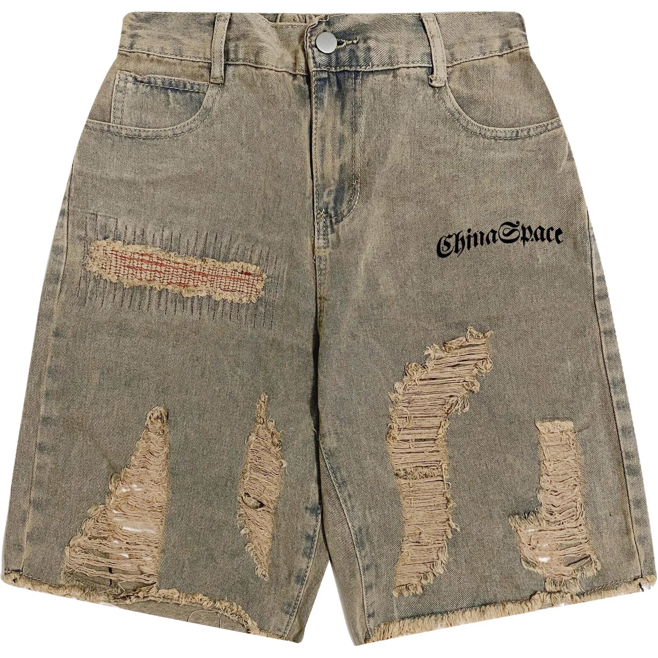 中国航天 重工水洗做旧擦脏破洞高街直筒宽松五分牛仔短裤 男女同款 黄泥色