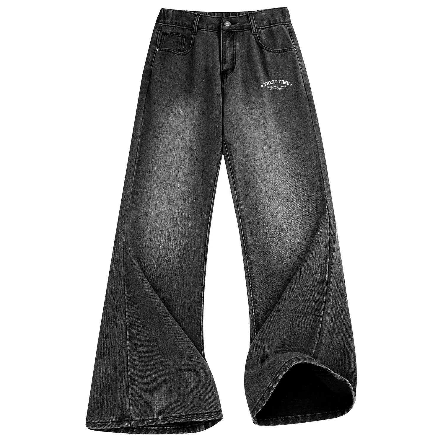 加菲猫家族 美式复古高街痞帅潮牌水洗做旧纯色基础款嘻哈宽松百搭长裤时尚简约舒适轻薄废土风微喇牛仔裤 男女同款