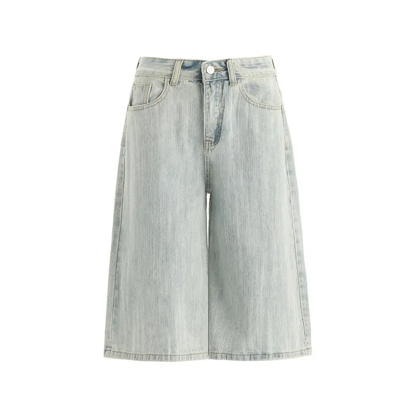 拾籍 宽松适中高腰阔腿七分牛仔短裤 女款