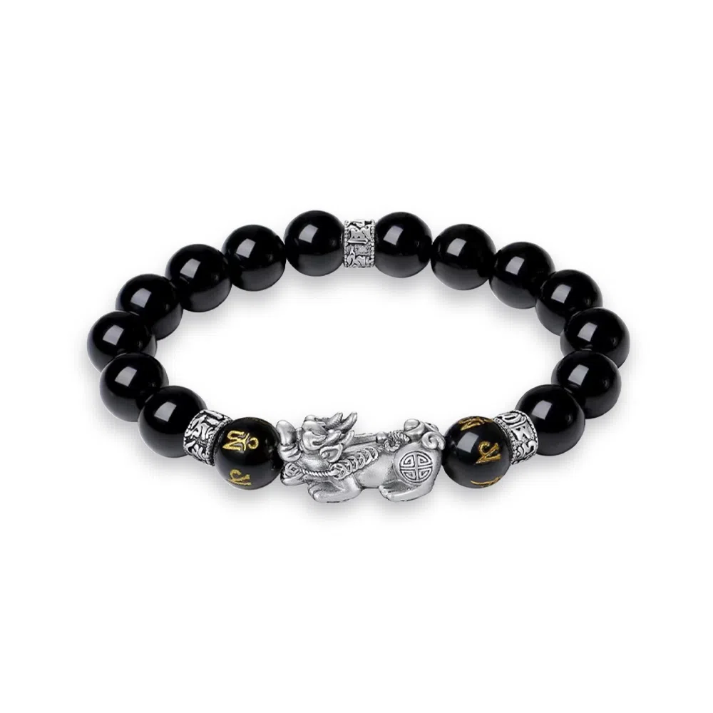 【S999足银纯银】貔貅 七七银饰  新中式 发财暴富盘缠 福气满满平安顺遂招财纳福 百搭 日常通勤 天然 黑曜石 手串 男女同款情侣款