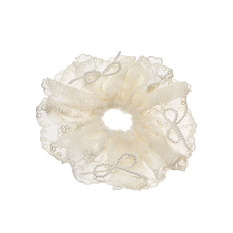 沂茹 文艺小清新甜美学院风米白色蕾丝蝴蝶结甜美肠圈弹力扎发小众设计感日常百搭减龄 布艺 发圈/头绳 女款