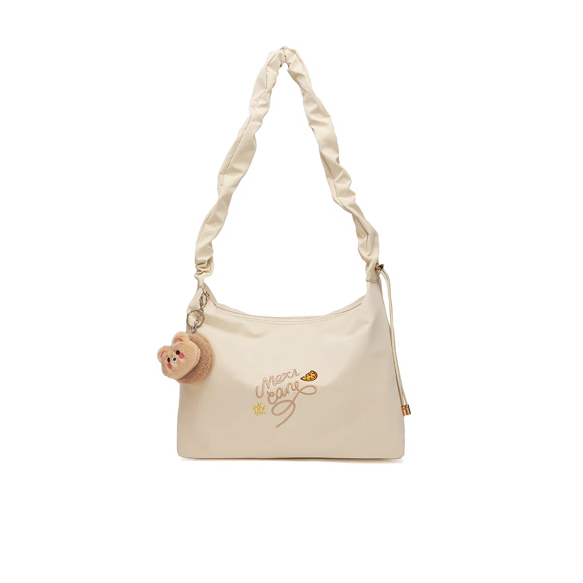 稻草人 春夏纯色高级质感小众少女褶皱 聚氨酯革 单肩斜挎包 女款 米白