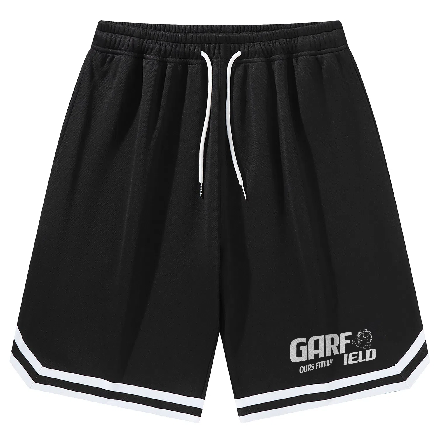 加菲猫家族 美式简约字母设计卡通动漫加菲猫图案印花宽松舒适透气松紧系带户外运动跑步篮球日常通勤百搭五分休闲短裤 男女同款