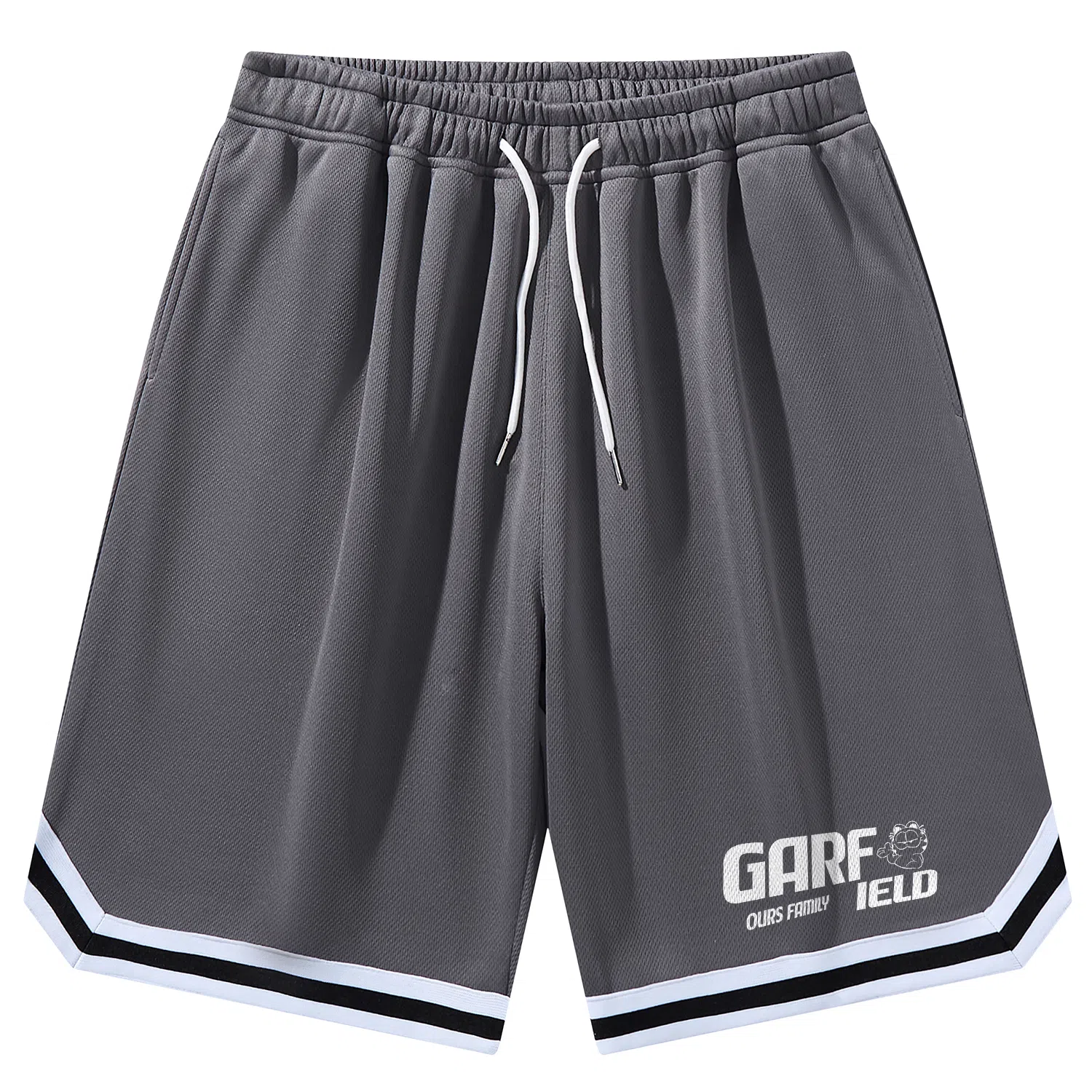 加菲猫家族 美式简约字母设计卡通动漫加菲猫图案印花宽松舒适透气松紧系带户外运动跑步篮球日常通勤百搭五分休闲短裤 男女同款