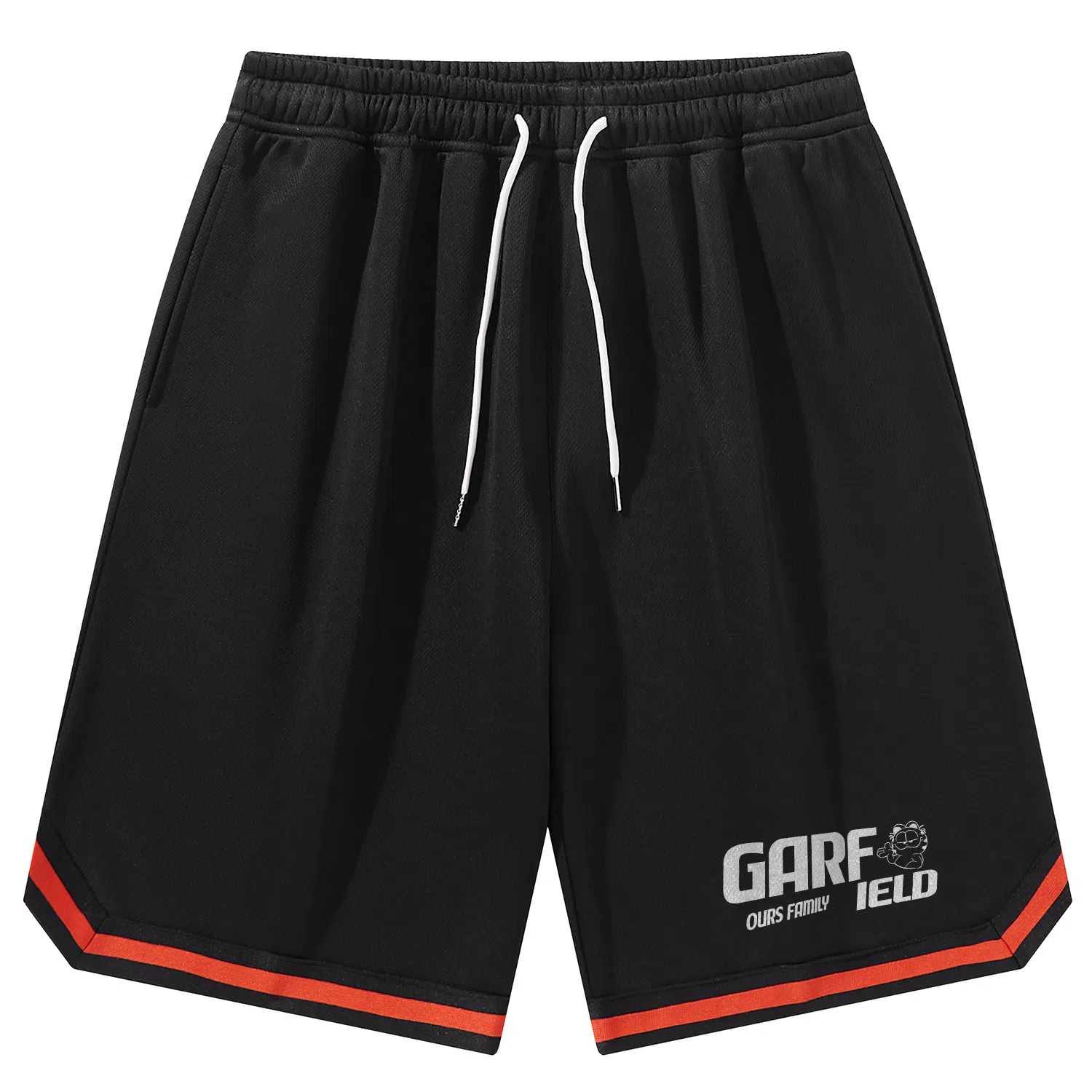 加菲猫家族 美式简约字母设计卡通动漫加菲猫图案印花宽松舒适透气松紧系带户外运动跑步篮球日常通勤百搭五分休闲短裤 男女同款