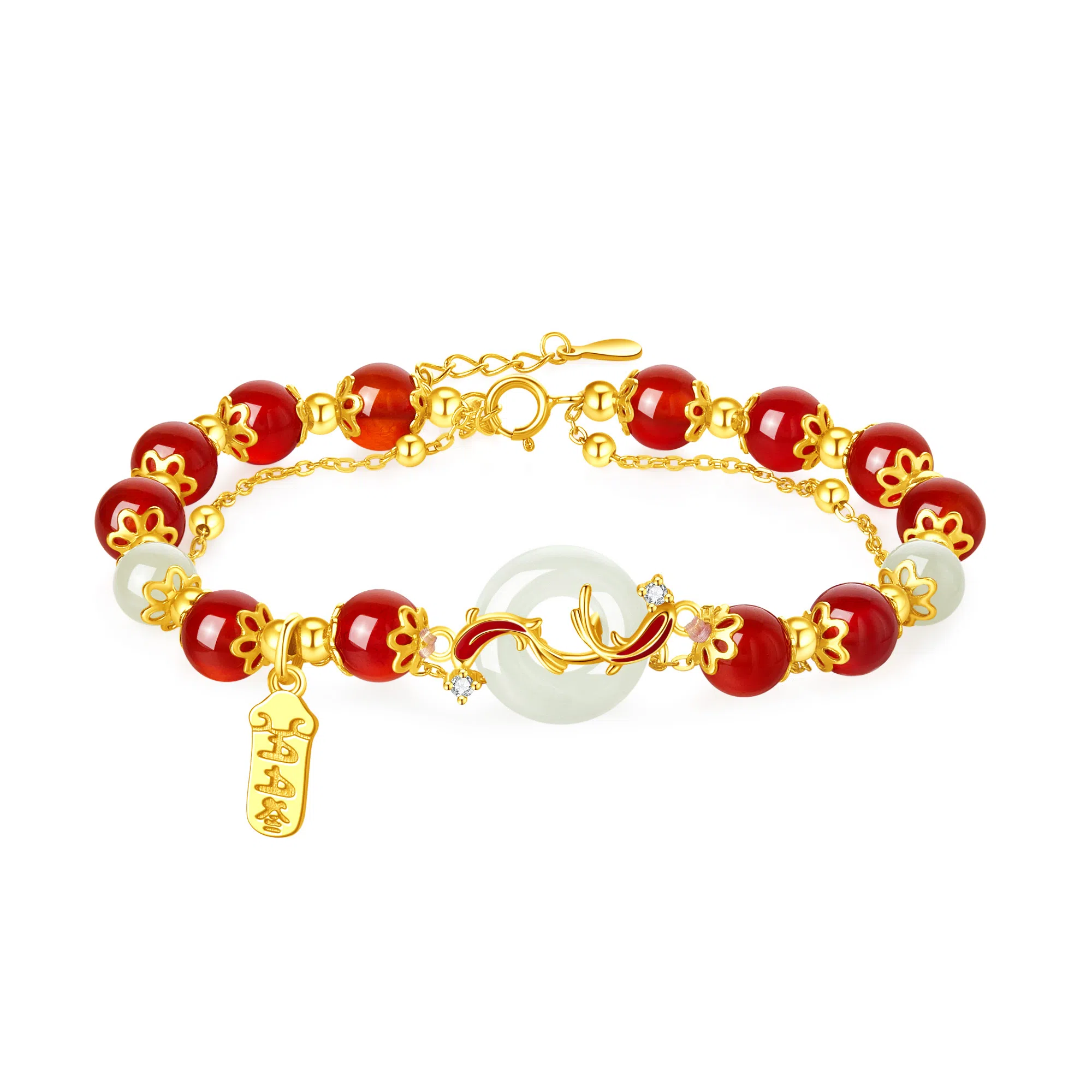 老凤祥 福运锦鲤平安扣 新中式经典复古百搭国风 富贵感彩色福牌 高级轻奢气质 礼盒#好运 玉髓 手链 女款