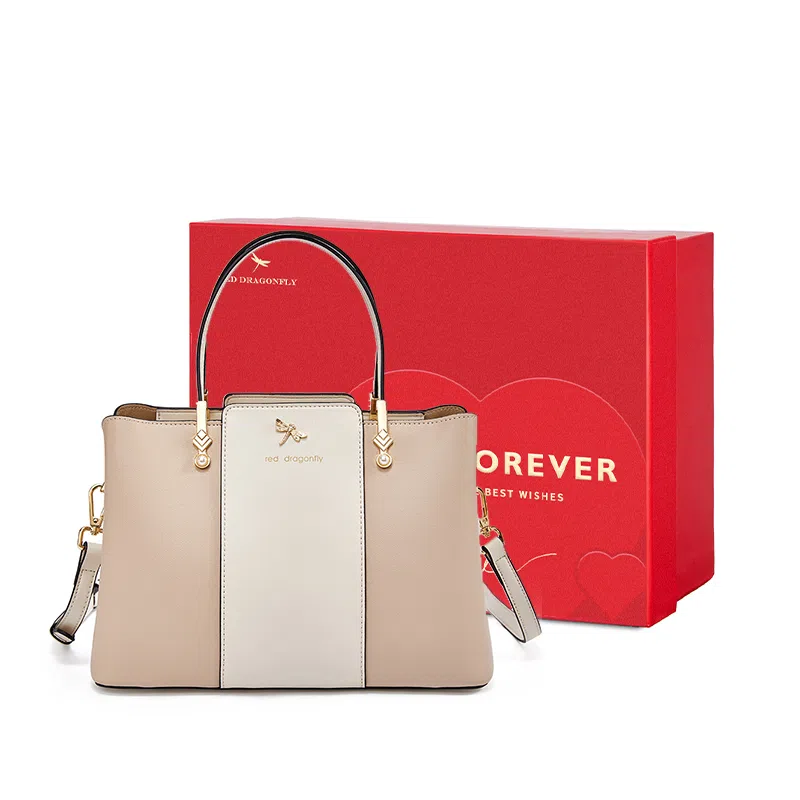 红蜻蜓 高级感经典百搭时尚气质 牛皮 单肩手提包 女款 米白色/宝蓝色