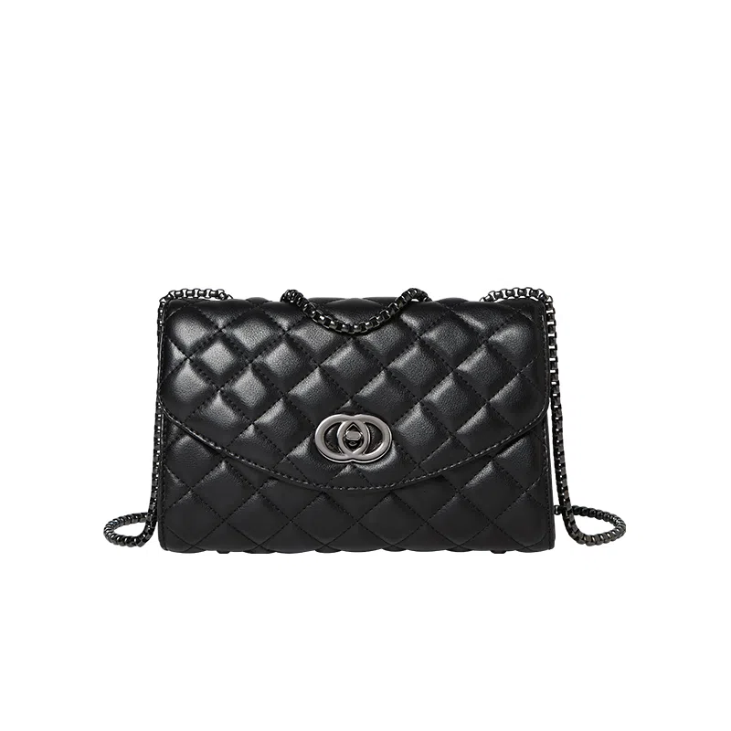 纳兰杜 包包女百搭实用少女包菱格小香风通勤真皮女包小众 牛皮 链条包小方包腋下包单肩斜挎包 小号 女款 黑色/白色