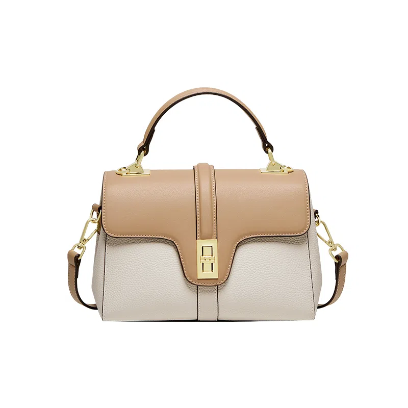 纳兰杜 手提包女高级感时尚百搭优雅女士包气质妈妈款包包洋气品牌女包 头层牛皮 单肩包斜挎包 小号 女款 米白拼杏色/大象灰