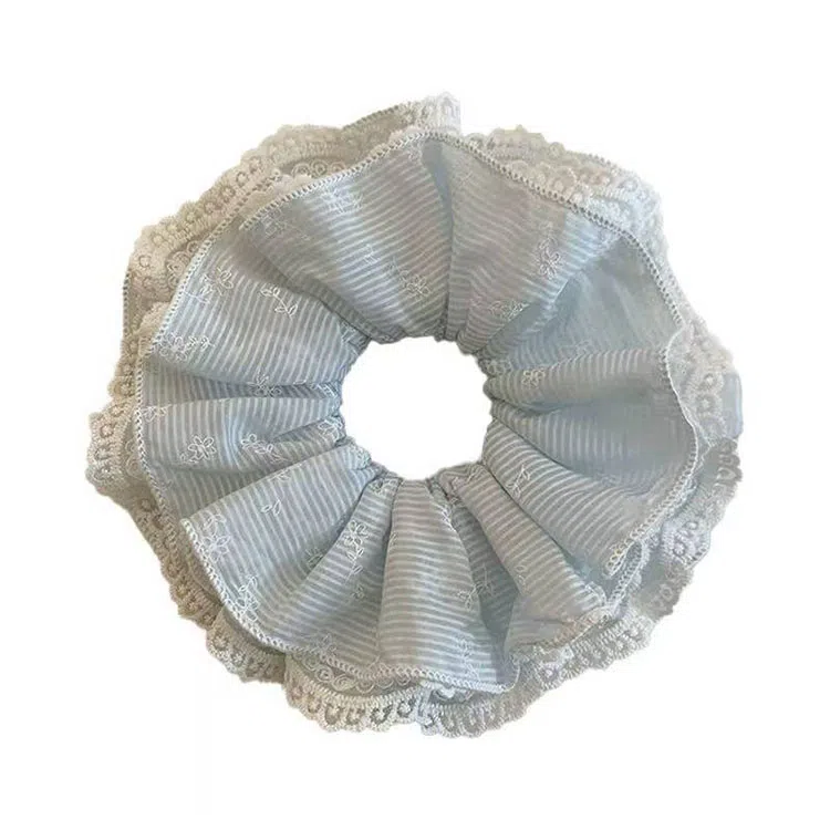 希铃 浅蓝色双层清新条纹 蕾丝 发圈 女款