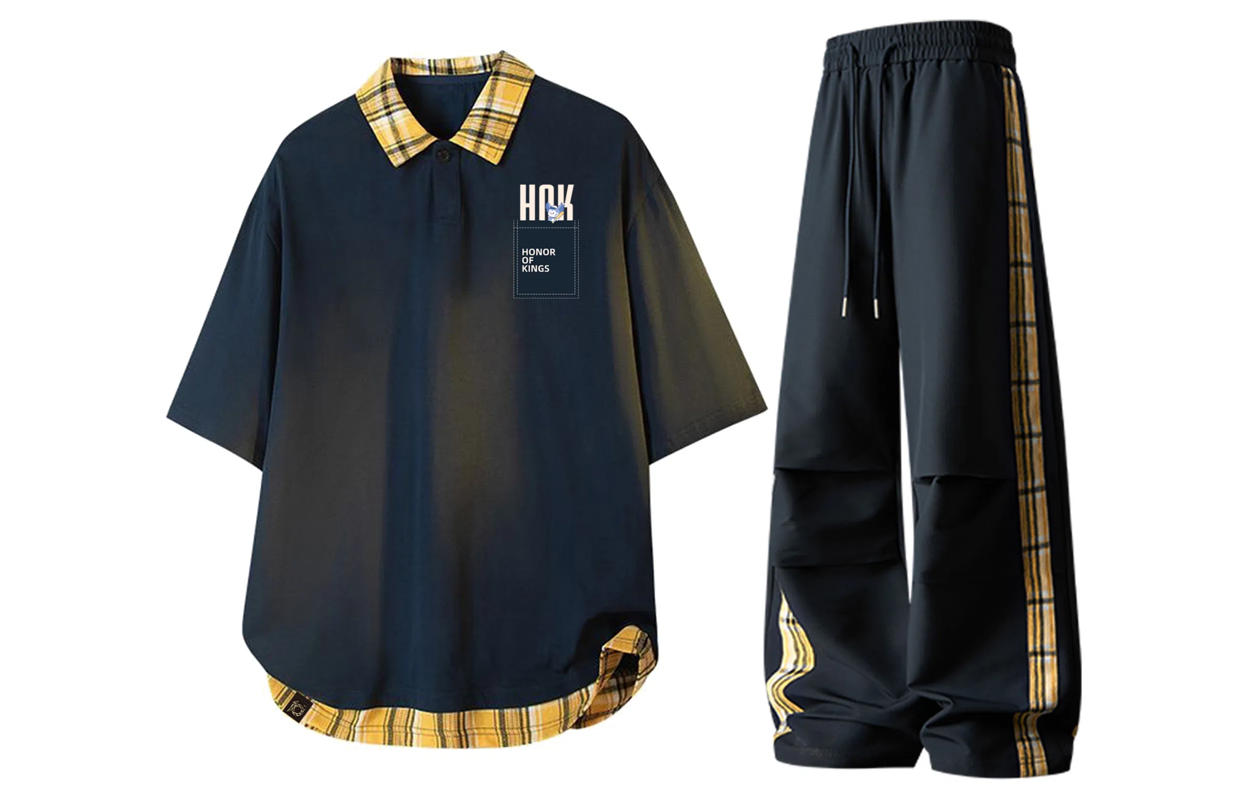 王者荣耀 梦奇款 美式格子撞色翻领拼接上衣褶皱伞兵伐木长裤两件套宽松时尚百搭短袖青少年高街痞帅潮流舒适休闲运动套装 男女同款