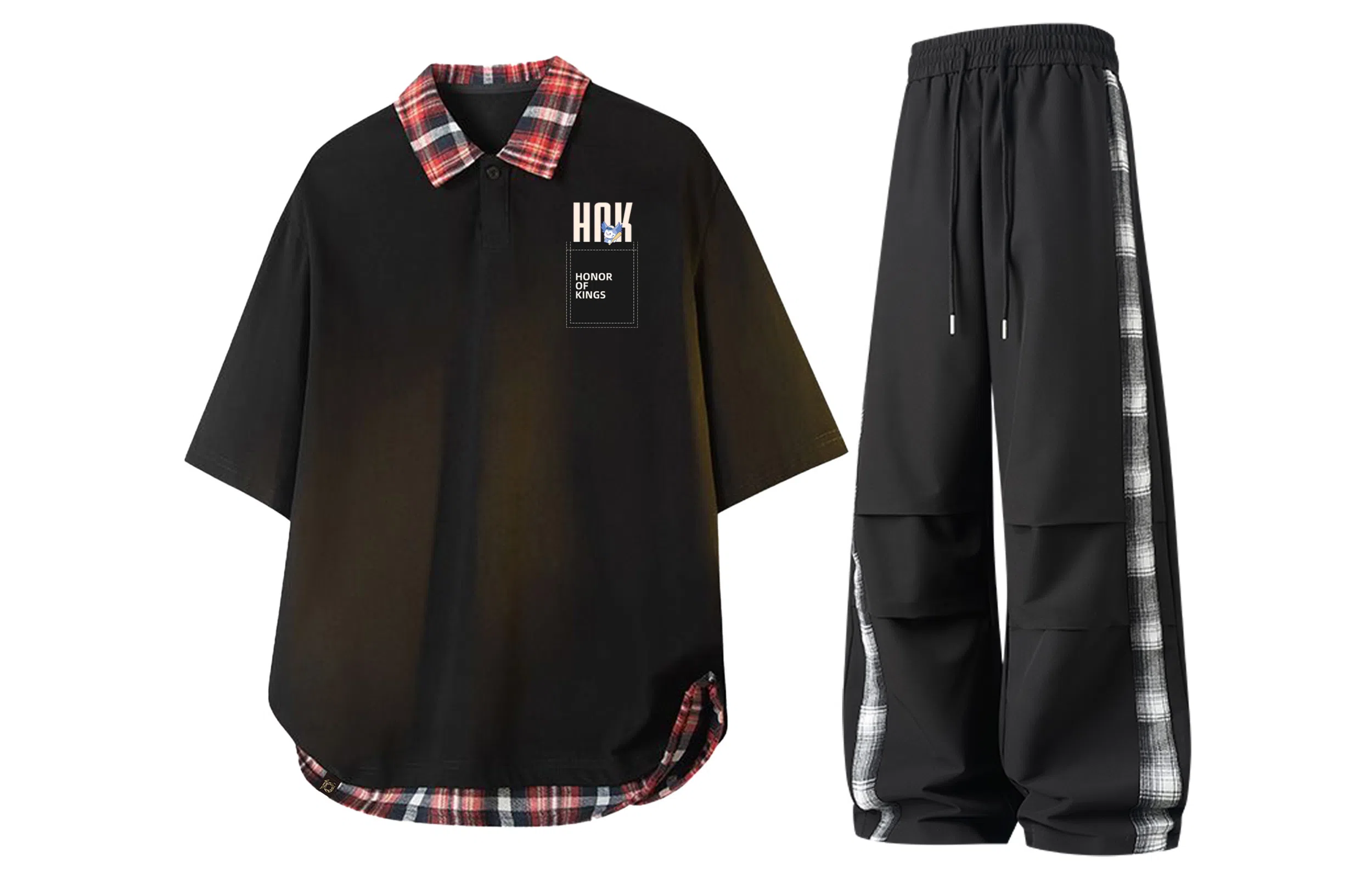 王者荣耀 梦奇款 美式格子撞色翻领拼接上衣褶皱伞兵伐木长裤两件套宽松时尚百搭短袖青少年高街痞帅潮流舒适休闲运动套装 男女同款