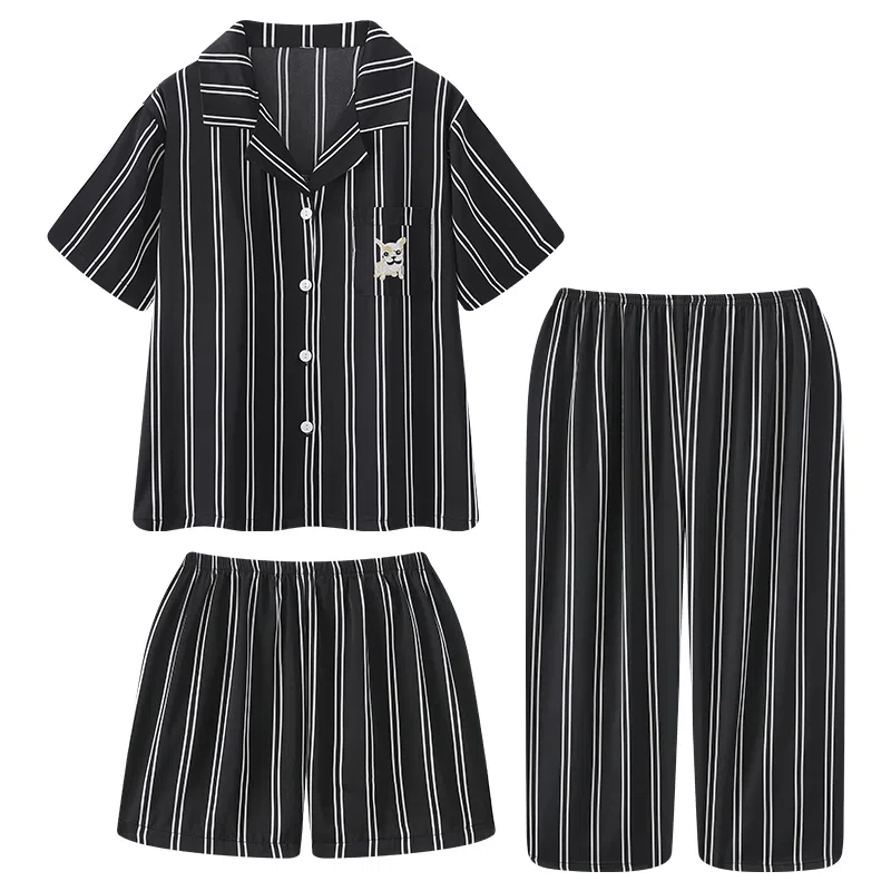 顶瓜瓜 冰丝短袖短裤翻领开衫可爱条纹凉感休闲家居服睡衣套装 女款
