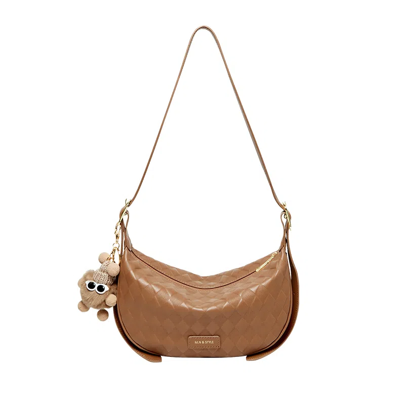 纳兰杜 高级感百搭时尚潮流软皮包包休闲通勤真皮女包 牛皮 饺子包新月包斜挎包单肩包 大号 女款 米白拼杏/焦糖棕