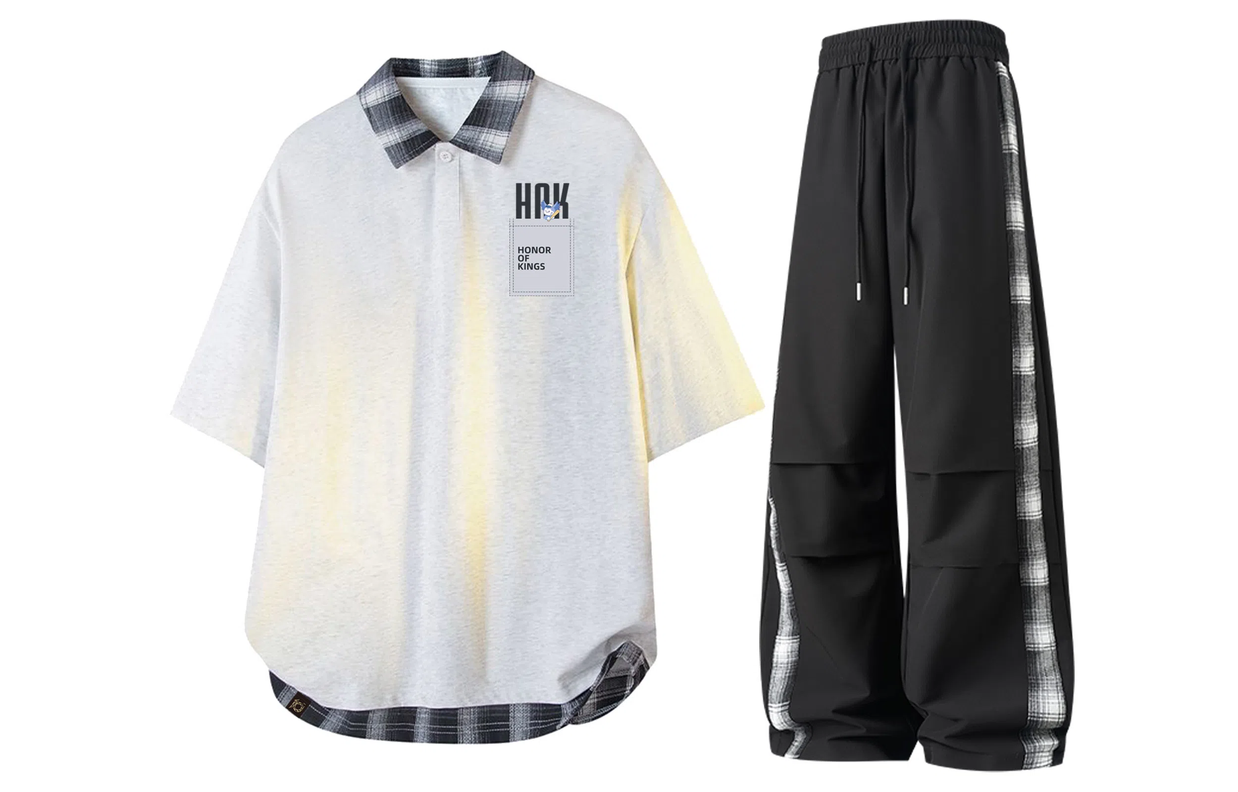 王者荣耀 梦奇款 美式格子撞色翻领拼接上衣褶皱伞兵伐木长裤两件套宽松时尚百搭短袖青少年高街痞帅潮流舒适休闲运动套装 男女同款