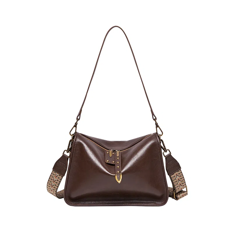 纳兰杜 高级通勤百搭软皮休闲简约 牛皮拼合成革 斜挎包 中号 女款 植鞣咖色