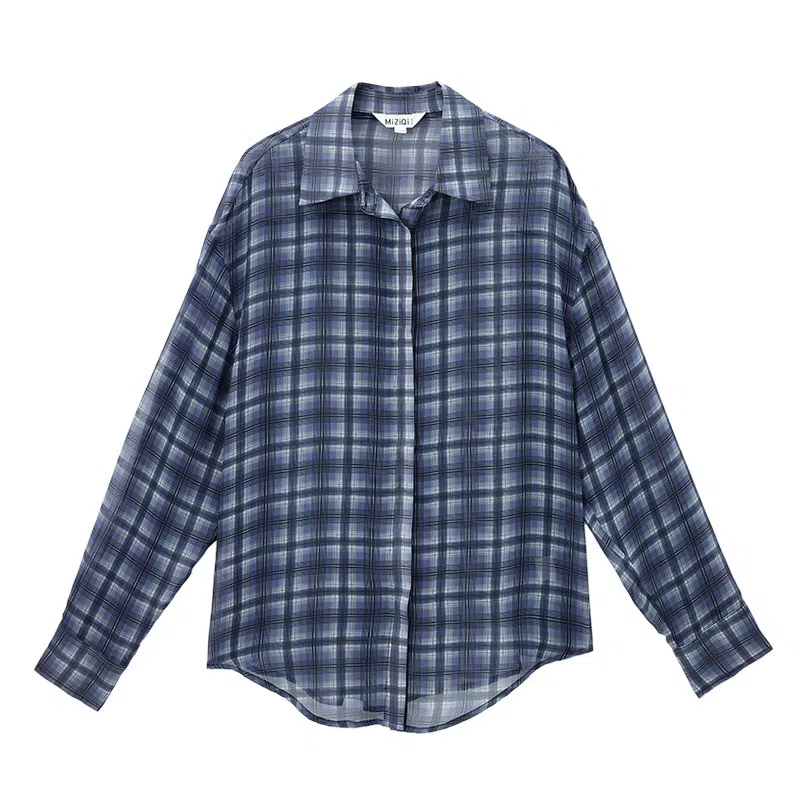 米子旗 复古格子长袖宽松叠穿慵懒薄款衬衫 女款