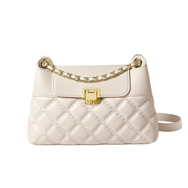 纳兰杜 包包女包潮流百搭精致通勤女生小众品牌 牛皮合成革 链条包菱格包单肩斜挎包小方包 中号 女款 米白色