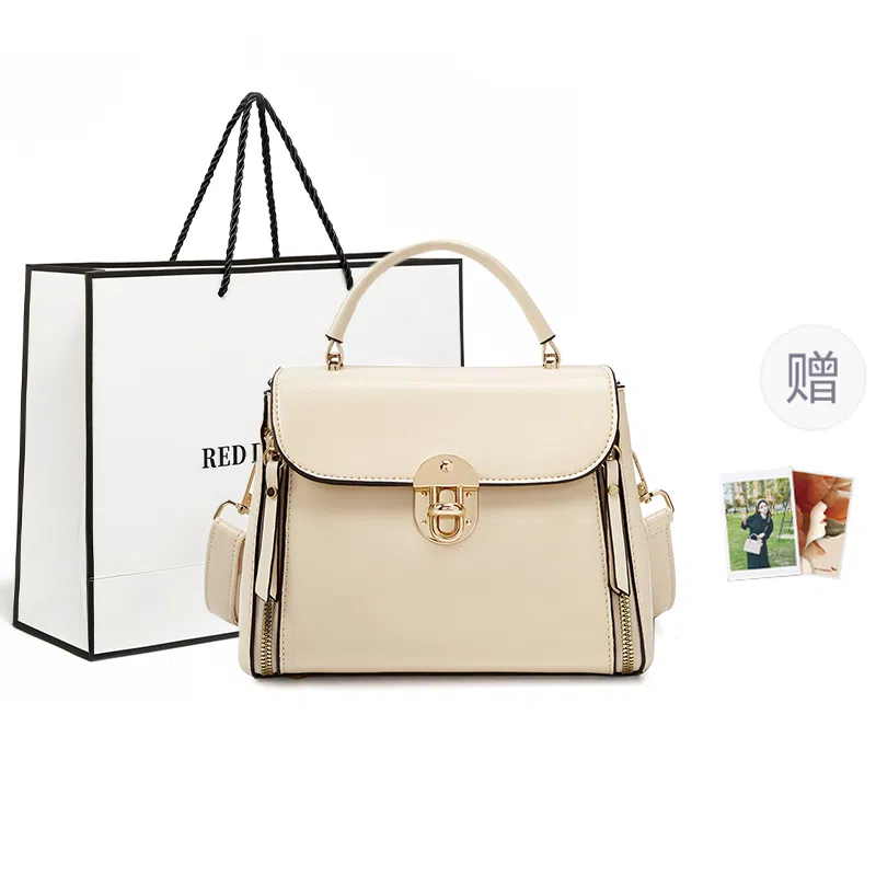 红蜻蜓 高级感经典设计气质百搭通勤妈妈老花 牛剖层皮革拼合成革 轻巧便携学院风女友斜挎包单肩包手提包 女款 咖啡色/黑色/奶昔白