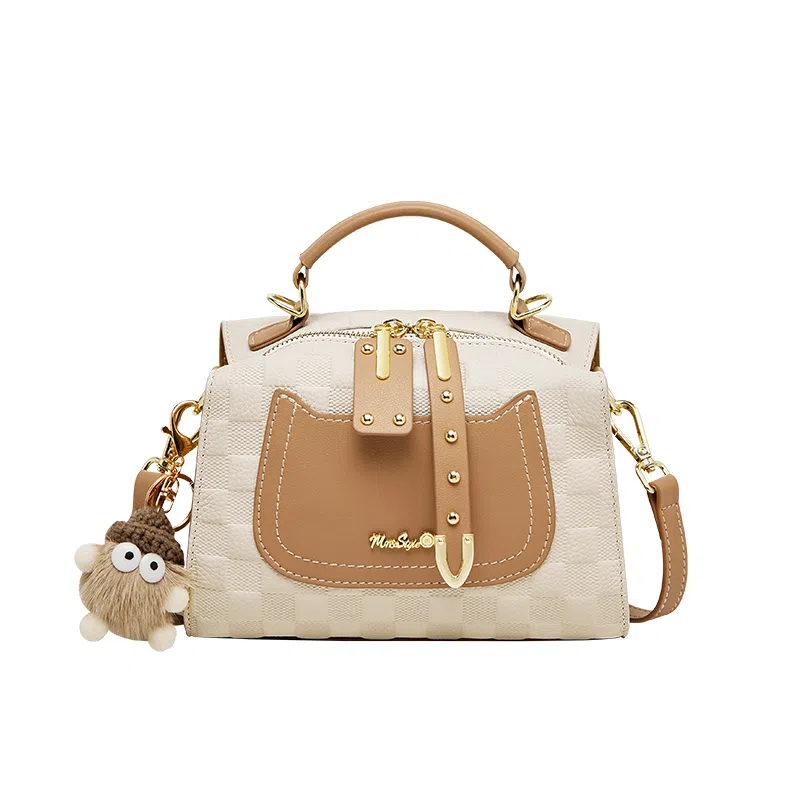 纳兰杜 女包撞色波士顿包包女大容量百搭通勤简约 牛皮合成革 手提包单肩斜挎包手拎包 小号 女款 米白拼杏