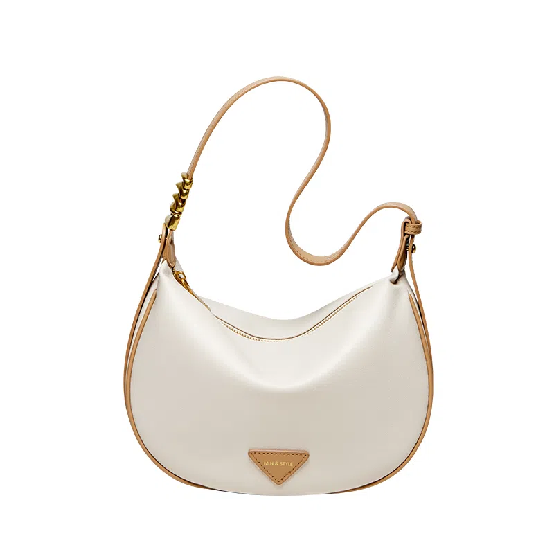 纳兰杜 女包百搭休闲潮流高级质感时尚包包 牛皮拼合成革 饺子包腋下包斜挎单肩包 大号 女款 米白拼杏/焦糖棕/子夜