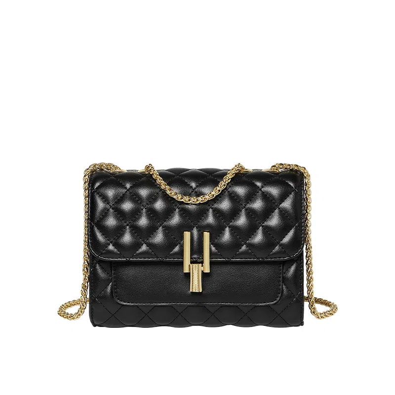 纳兰杜 菱格链条小香风潮流百搭 牛皮拼合成革 斜挎包 小号 女款 黑色/米白色