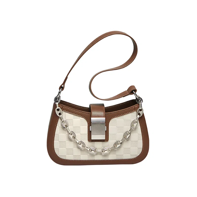 纳兰杜 高级感包包女百搭少女包潮流法棍包个性洋气 牛皮拼合成革 腋下包单肩包斜挎包 女款 棕色/白拼棕