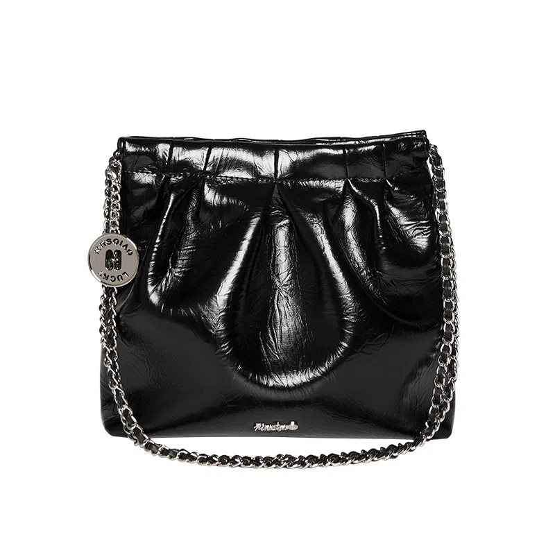 纳兰杜 潮流百搭时尚褶皱少女链条垃圾袋包 合成革 水桶包单肩包流浪包 常规 女款 子夜黑/米白色