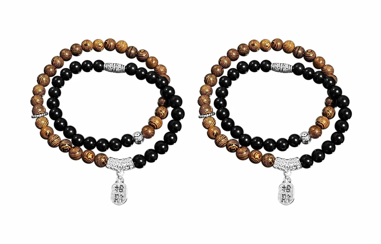 牧言 招财纳福 国潮复古民族风小众设计高级感 光面花纹圆珠镂空花丝祥云弯管流苏字牌双层叠戴手饰 鸡翅木 手串 男女同款情侣款