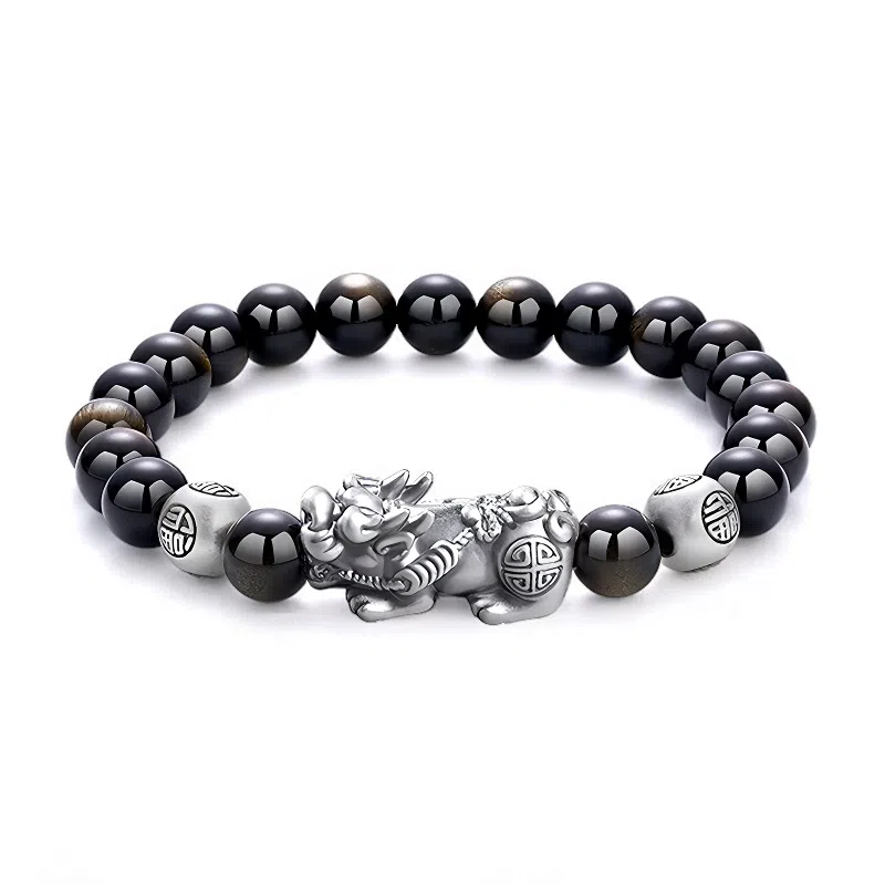 【招财好运】 熊银匠 瑞兽貔貅 吉祥如意 聚财纳福 新中式国潮复古高级感钱币福珠转运珠 男朋友 父亲 黑曜石 足银手串 男女同款情侣款