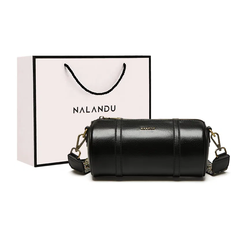 纳兰杜 复古高级质感潮流品牌小众百搭款 牛皮 圆筒包斜挎单肩包 中号 女款 棕色/子夜黑