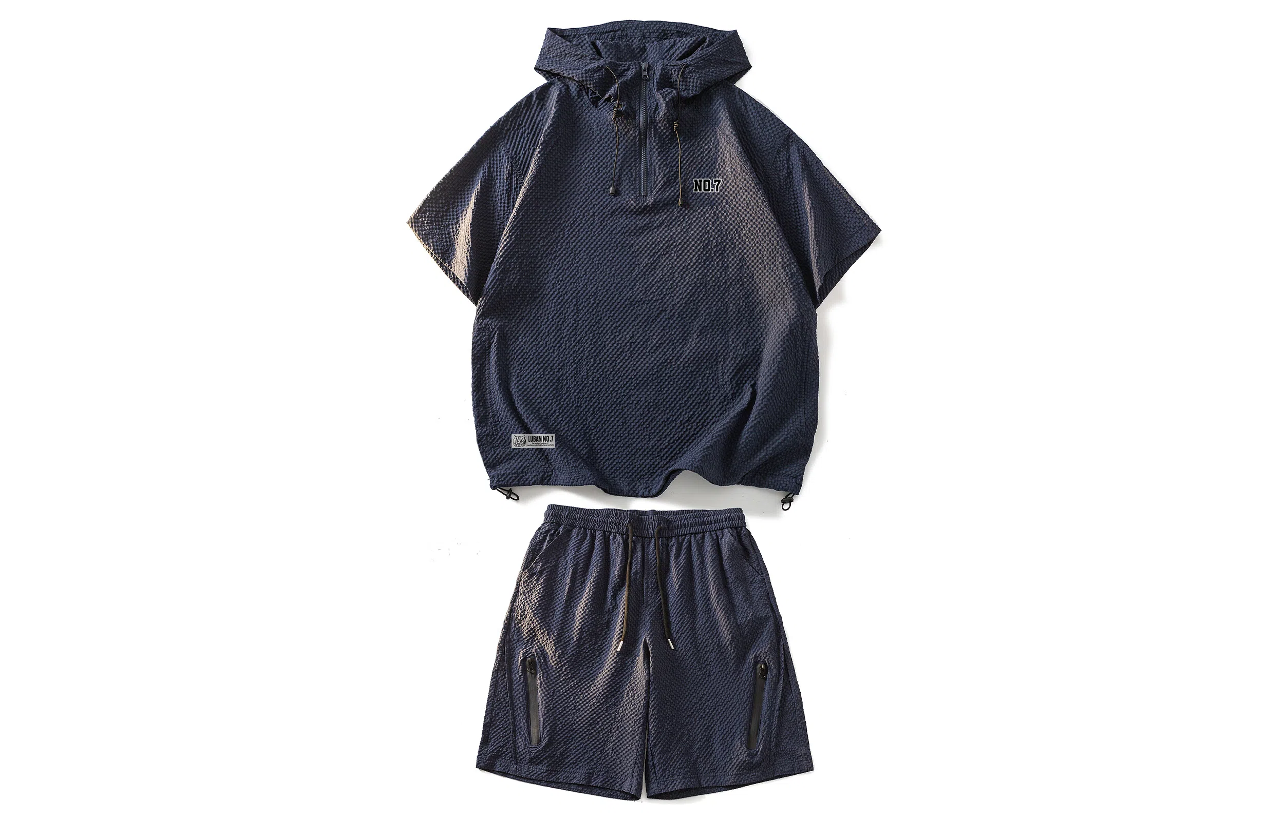 王者荣耀 鲁班七号星空梦想款 泡泡纱格子工装机能风半拉链美式连帽高街多口袋宽松落肩舒适户外通勤百搭五分短裤休闲运动套装 男女同款