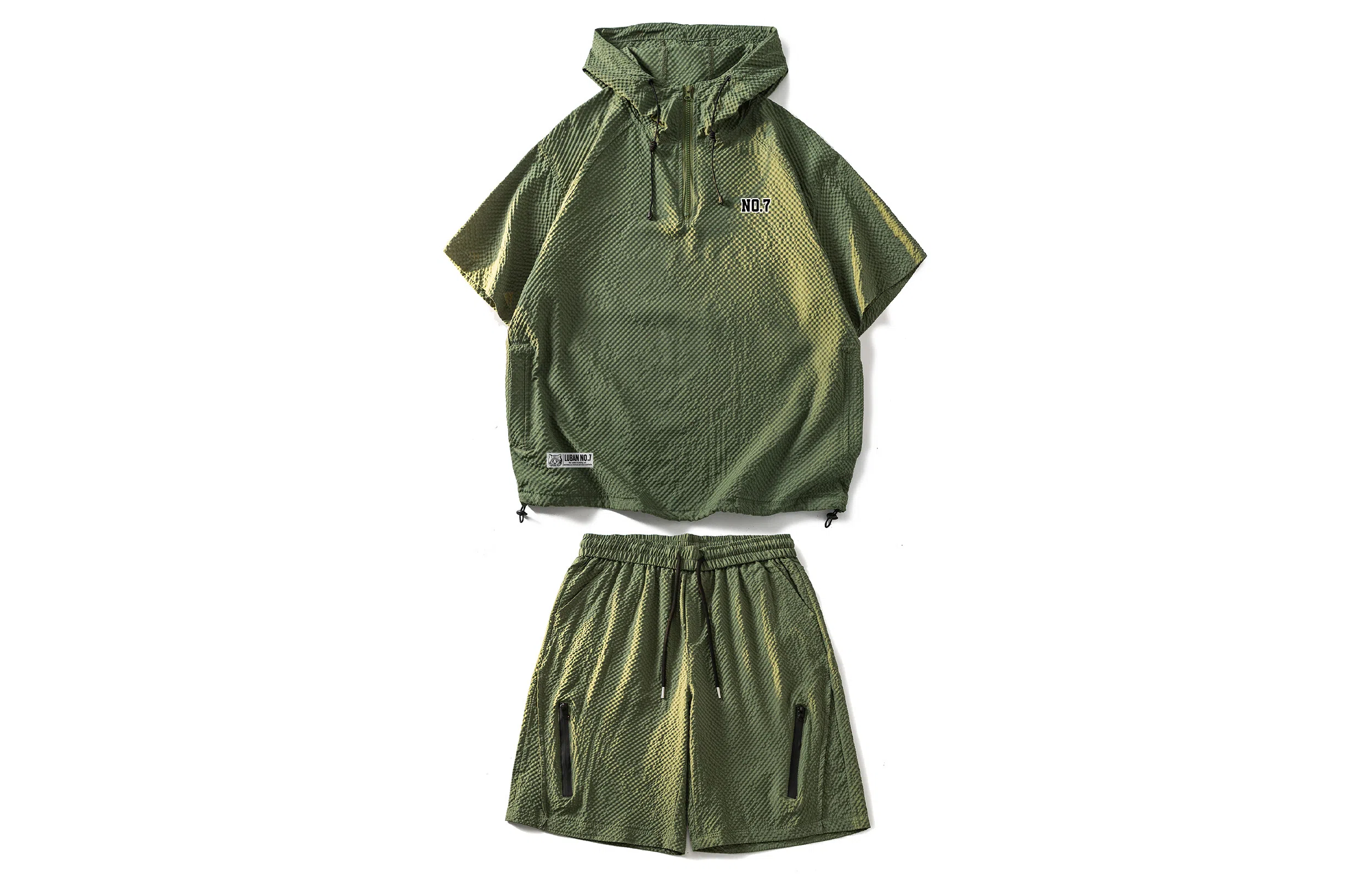 王者荣耀 鲁班七号星空梦想款 泡泡纱格子工装机能风半拉链美式连帽高街多口袋宽松落肩舒适户外通勤百搭五分短裤休闲运动套装 男女同款