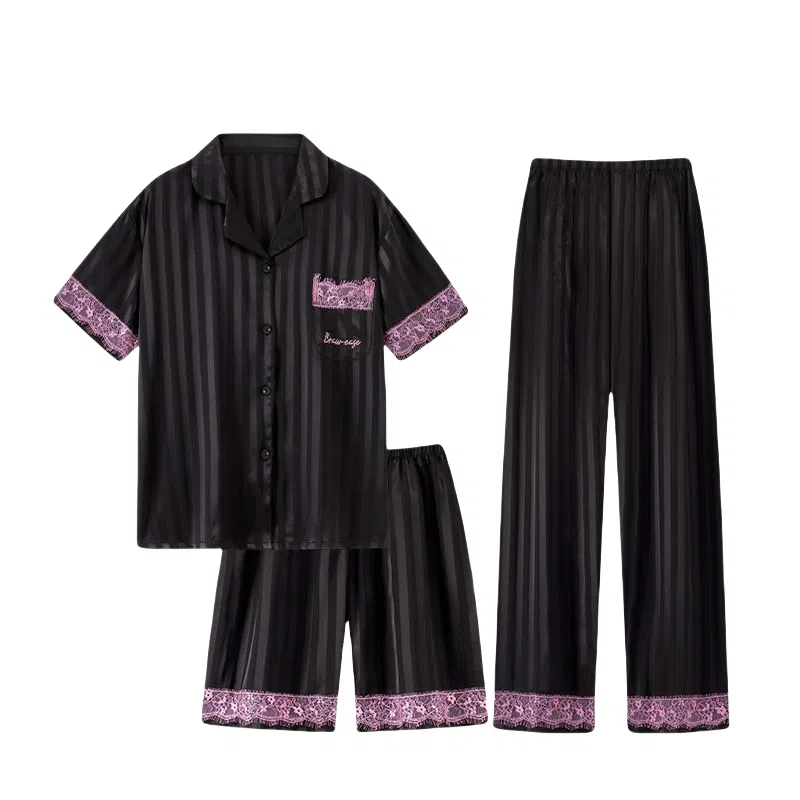 夏芬妍 简约高级感条纹蕾丝花边冰雪丝翻领家居服舒适亲肤宽松短袖三件套可外穿睡衣套装 女款