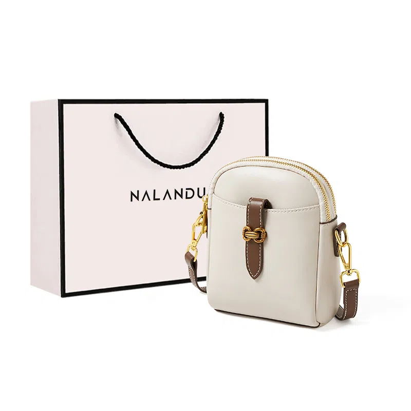 纳兰杜 原创五金设计时尚高级质感拉链开合 牛皮 斜挎单肩包手机包 迷你 女款 奶酪白配咖色/咖色