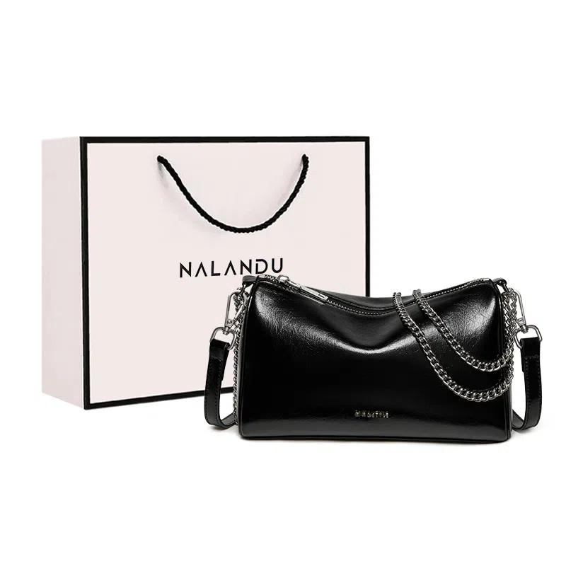 纳兰杜 小众设计高级感百搭款简约优雅潮流链条包 牛皮拼合成革 枕头包斜挎包单肩包 小号 女款 子夜黑/银色