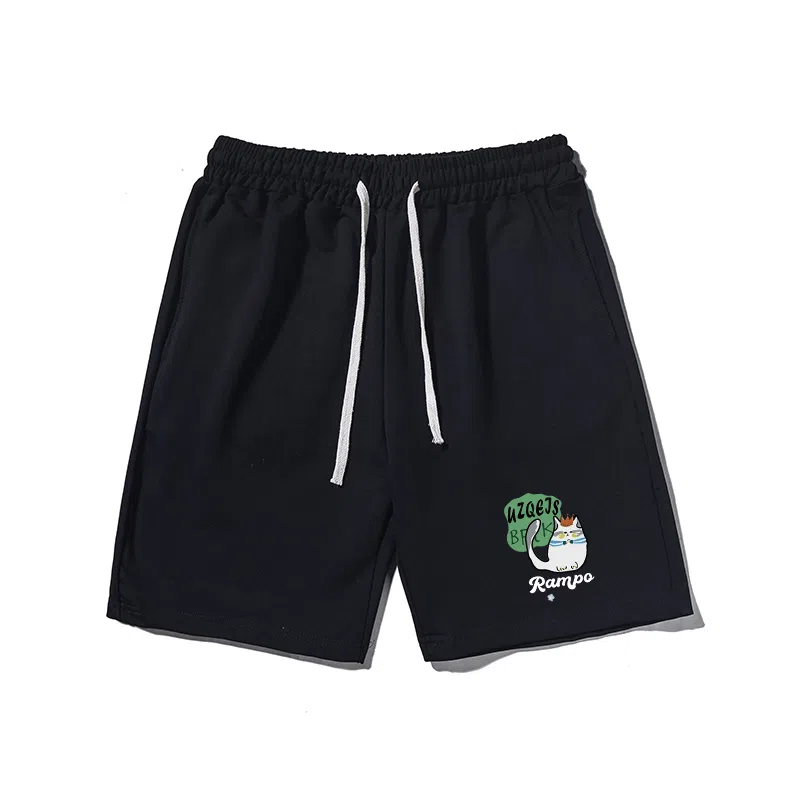 乱步 简约设计小众猫印花透气凉感宽松运动风五分裤休闲短裤 男女同款